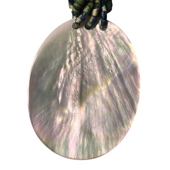 Vintage Womens Statement Necklace Abalone Blue Teal Beaded Wood Jewelry Green - Picture 3 of 8